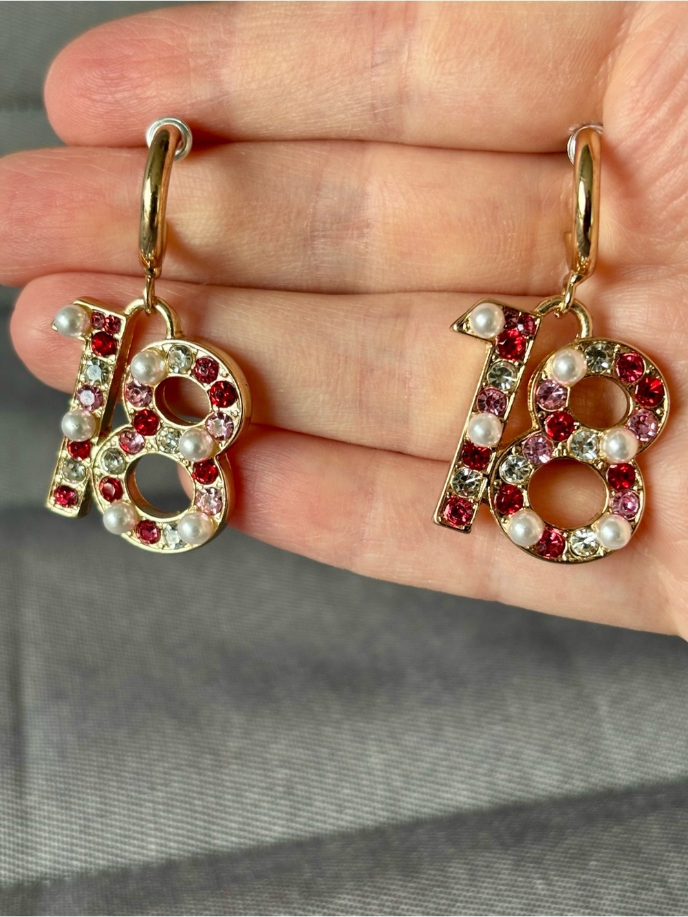 Packed Party Gold Tone ‘18' Drop Earrings with Red, Pink & Pearl Accents